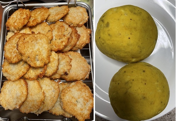          감자를 갈아서 밀가루와 섞어서 만든 감자전(왼쪽 사진), 찐 감자를 치즈와 버터를 섞어서 으깬 다음 덩어리를 만들었습니다(오른쪽 사진). 