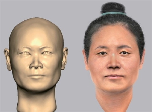 무덤 주인공의 두개골을 분석한 결과 이 금동 신발의 주인공은 키 146cm 정도의 체격을 가진 40대 여성으로 밝혀졌다. 이를 근거로 재현한 여성 수장의 모습
