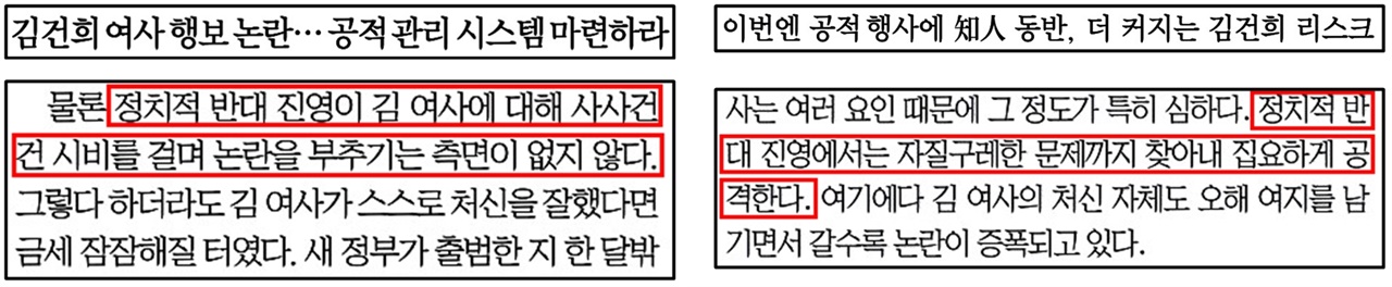 김건희 여사 사적 채용 논란에 야당도 비판한 국민일보(왼쪽)·문화일보(오른쪽)