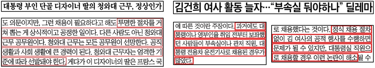 정권에 따라 사적 채용 논란 입장 달리한 조선일보(왼쪽(4/2), 오른쪽(6/16))