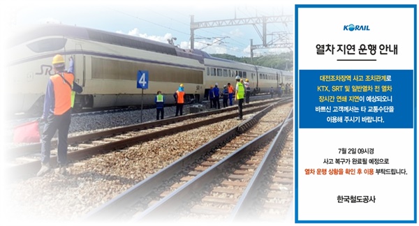 1일 오후 부산역을 출발해 서울 수서역으로 가던 SRT 열차가 대전조차장역 인근에서 탈선하는 사고가 발생했다. 한국철도공사는 7월 2일 오후 9시경에야 사고가 복구가 된다고 밝혔다. 열차는 7시경 정상적으로 운행이 재개됐다. 
