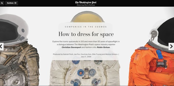 3-D spacesuits: The evolution from Mercury and Apollo 11 to Space X - Washington Post워싱턴 포스트는 우주복 입기라는 증강현실을 이용한 컨테츠를 선보였다. 