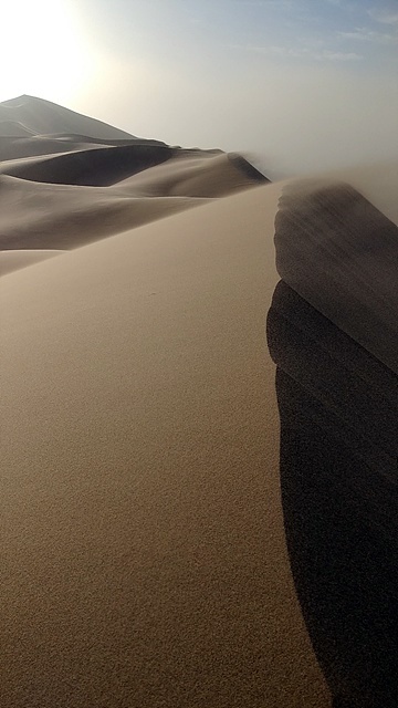 엄청난 강풍과 모래바람에도 불구하고 일행 중 유일하게 모래언덕 정상에 선 박석룡 소방관이 정상에서 촬영한 사진으로 모래가 날리고 있다. 