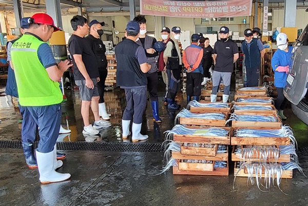 27일 아침 제주시 서부두 수협 공판장에서는 어부들이 잡아온 싱싱한 갈치 경매가 한참이었다. 