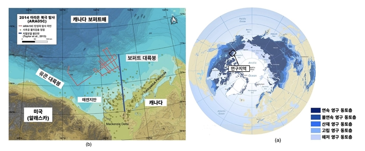  북반구 영구동토층 분포와 북극해 탄성파탐사 위치