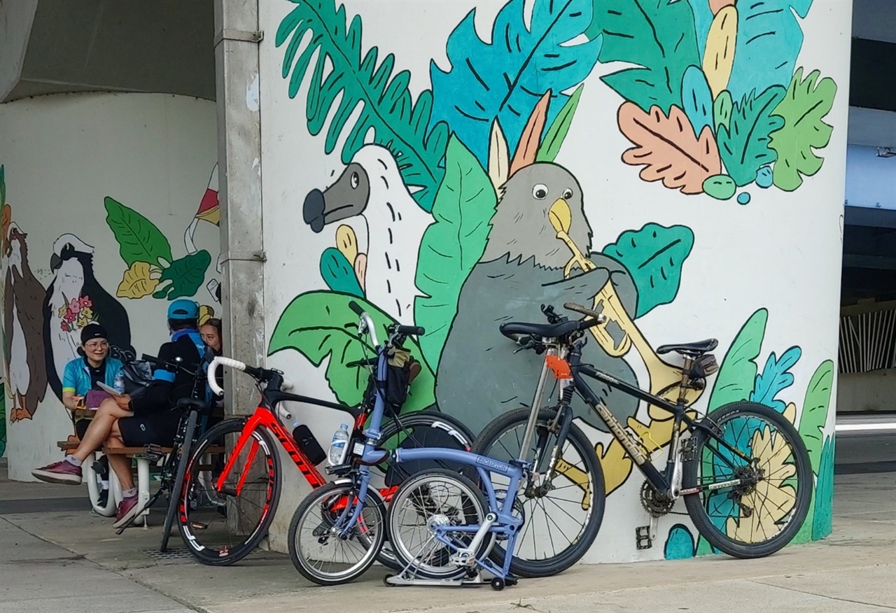  마포대교에 주차된 자전거들. 왼편에 보이는 분들이 같이간 스케쳐들이다.