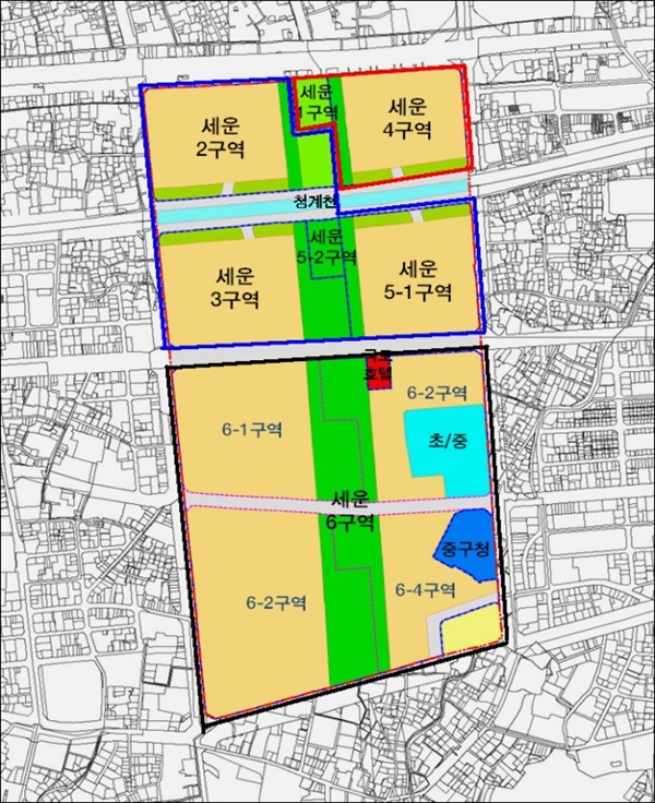 서울시에서 수립한 세운상가와 주변의 재정비구역을 나타내는 도면. 8개 지구로 나뉘어 있고 일부 구역에선 철거재개발이 진행중임.