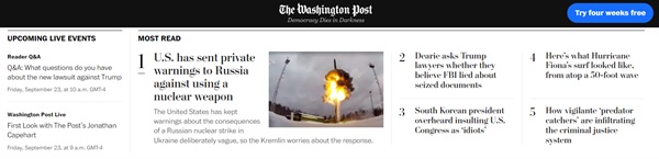 23일 오후 2시 기준, 미국 워싱턴포스트 홈페이지 화면. 윤석열 대통령 비속어 파문을 다룬 기사가 '가장 많이 읽은 기사' 3위다.