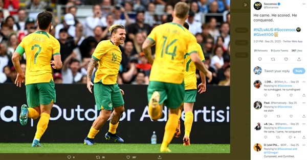 호주 공격수 커밍스 지난달 25일 뉴질랜드와의 평가전에서 페널티킥 득점을 터뜨린 후 기뻐하는 커밍스
