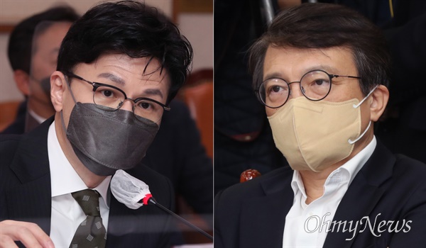 왼쪽부터 한동훈 법무부장관, 김의겸 더불어민주당 의원.