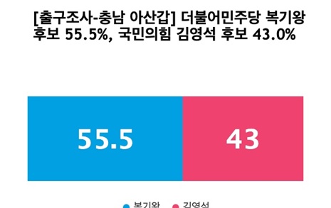 [출구조사-충남 아산갑] 더불어민주당 복기왕 55.5%, 국민의힘 김영석 43.0%