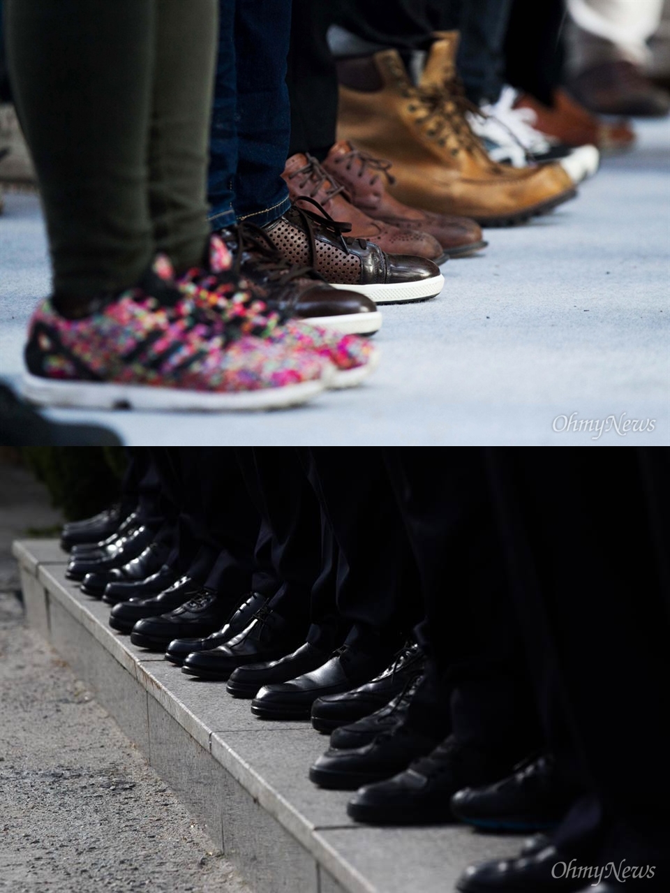 검정화 VS 국정화 두 사진은 역사교과서 국정화와 관련된 곳에서 촬영했다. 비밀티에프(TF) 사무실을 지키고 있던 경찰들의 구둣발과 국정화 반대 집회에 참가한 대학생들의 신발이다.
어떻게 역사를 보아야 하겠는가!