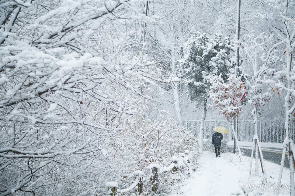  서울에 올겨울 첫 대설주의보가 발령된 3일 오전 북악산 팔각정 일대에 눈이 쌓여 설경을 이루고 있다. 