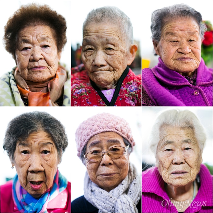  경기도 광주시에 있는 일본군 위안부 피해자를 위한 시설 '나눔의 집'에 거주하고 있는 할머니들. 왼쪽 위 부터 김군자(90), 정복수(100), 박옥선(92),강일출(88), 유희남(88), 이옥선(89). 