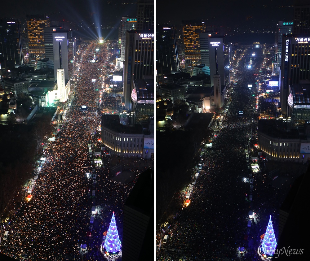 국민들의 분노, '세월호 7시간 밝히고 박근혜 퇴진하라! 3일 오후 서울 광화문광장에서 열린  '촛불의 선전포고-박근혜 즉각 퇴진의 날 6차 범국민행동'에서 수많은 시민들이 '세월호 7시간'을 밝히자는 의미로 7시에 맞춰 소등을 하고 있다.