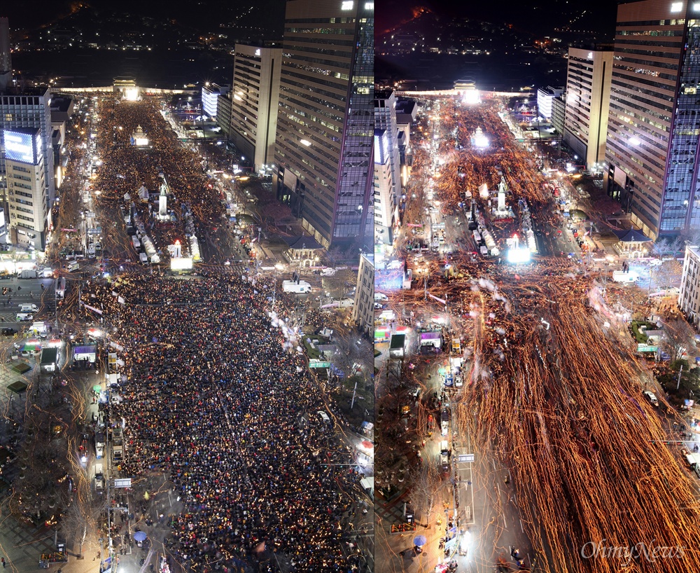 청와대로 향하는 촛불 박근혜 대통령 탄핵 가결 이후 첫 집회가 열린 10일 오후 광화문광장에서 열린 '박근혜정권 끝장내는 날' 촛불집회에 참석한 수십만명의 시민들이 청와대를 향해 행진하고 있다.