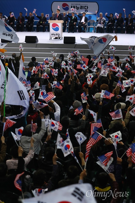  박사모, 탄기국 등  박근혜 지지자들이 모여 5일 서울 중구 장충체육관에서 새누리당 중앙당창당대회를 열고 있다.