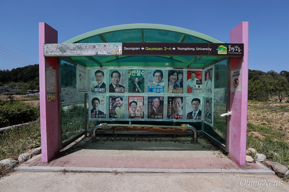 '몇번 차를 차고 가시겠습니까?' 7일 오후 강원도 강릉시 성산면 시골 버스정류장에 대통령선거에 나선 후보들의 포스터가 가득 붙어 있다.