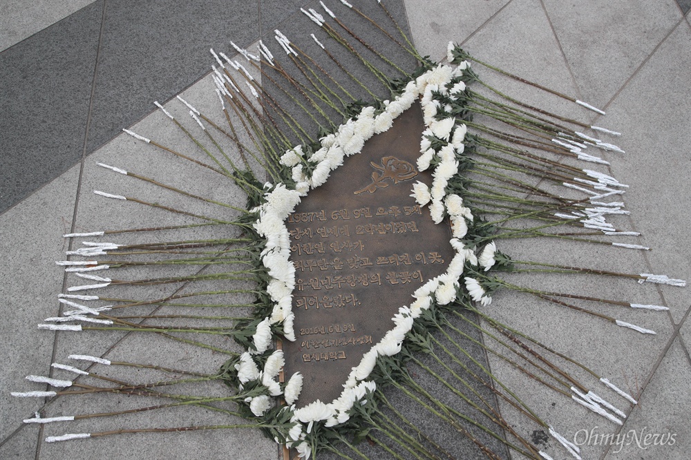 이한열 열사 쓰러진 장소에 놓인 국화꽃 987년 6월 9일 당시 연세대 2학년이었던 이한열 열사가 최루탄을 맞고 쓰러진 곳에 시민들이 고인의 넋을 기리며 국화꽃을 갖다 놓았다. 