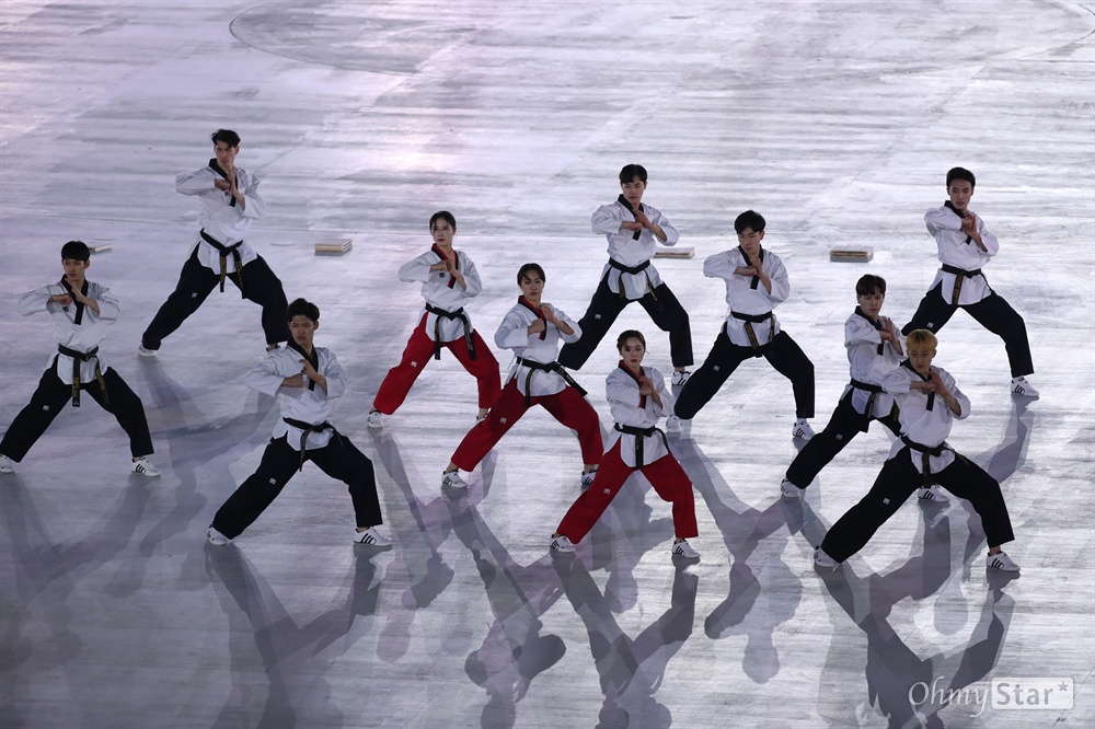 대한민국 태권도시범 공연 9일 오후 강원도 평창 올림픽스타디움에서 열린 ‘2018 평창동계올림픽 개회식’에서 대한민국 태권도시범단이 공연을 하고 있다.