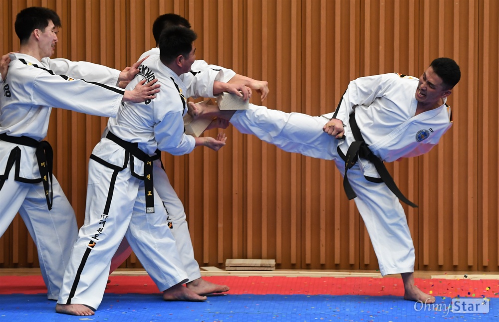 남북태권도 서울 공연 평창동계올림픽 개막에 맞쳐 남쪽으로 내려온 북한 태권도 시범단이 12일 서울시청 다목적홀에서 남쪽 태권도시범단과 함께 남북태권도 합동시범공연을 펼치고 있다.