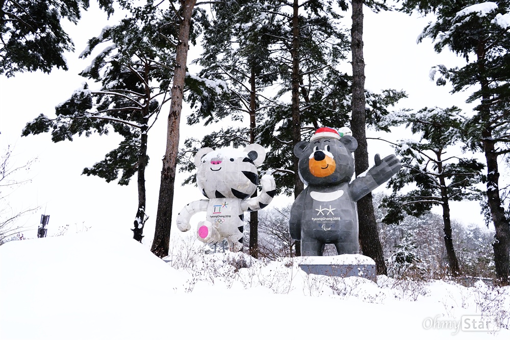  평창동계패럴림픽 개회식을 하루 앞둔 8일 강원도 평창에 새하얀 눈이 내렸다. 평창동계올림픽 마스코트인 수호랑과 패럴림픽 마스코트 반다비가 추워 보인다.