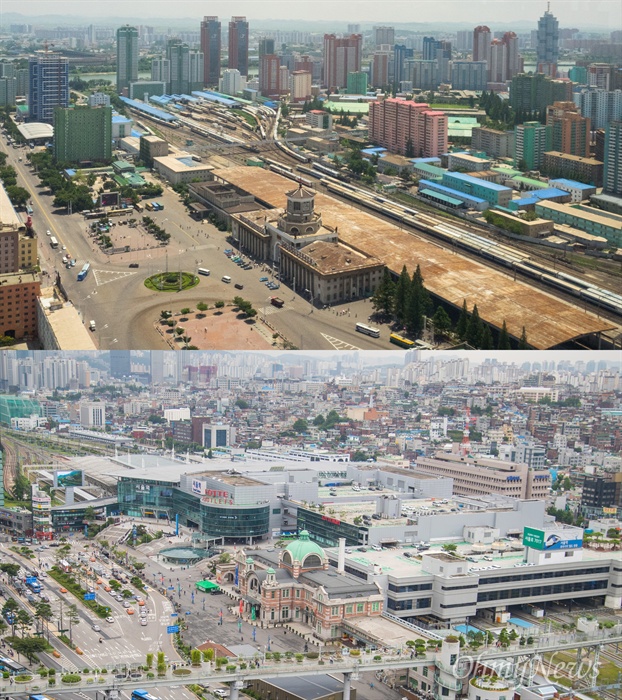  지난 7월 5일 촬영한 평양역과 10일 촬영한 서울역의 모습.