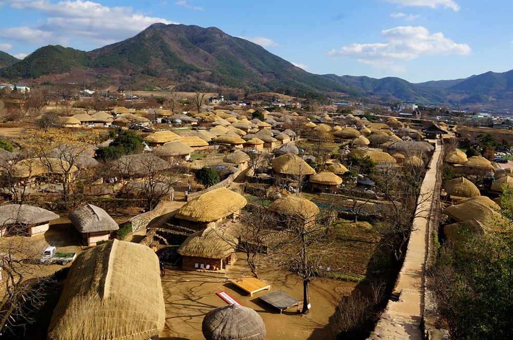  낙안읍성마을 전경. 마을 진산, 금전산 산봉우리를 닮은 둥글둥글한 초가지붕이 사납게 달려온 인생을 다독이고 보듬는다.
