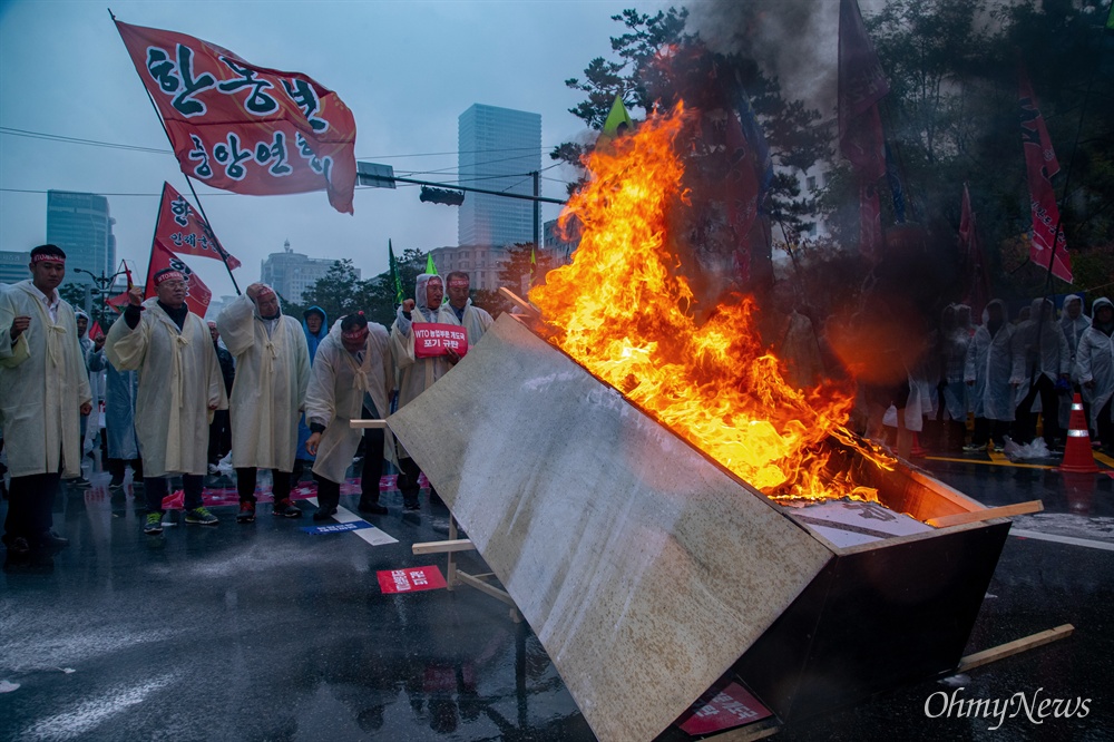  한국농축산연합회 회원들이 13일 오후 서울 여의도 국회 앞에서 열린 WTO농업분야 개도국 포기 규탄 전국농민총궐기 대회에서 상징의식으로 '개도국 규탄 관'을 불태우고 있다.