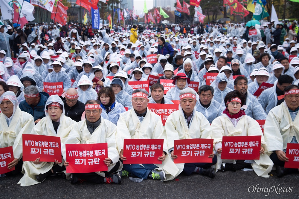  한국농축산연합회 회원들이 13일 오후 서울 여의도 국회 앞에서 WTO농업분야 개도국 포기 규탄 전국농민총궐기 대회를 열고 있다.
