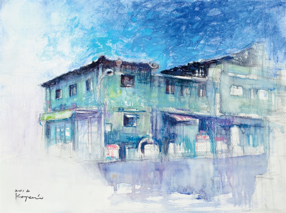  만석부두-마을 26×36(cm) watercolor on paper 2016. 만석고가교 아래, 실향민 고 이치선이 지은 이층집. 70여 년, 실향민과 부둣가 노동자들에게 구들을 내주었다.
