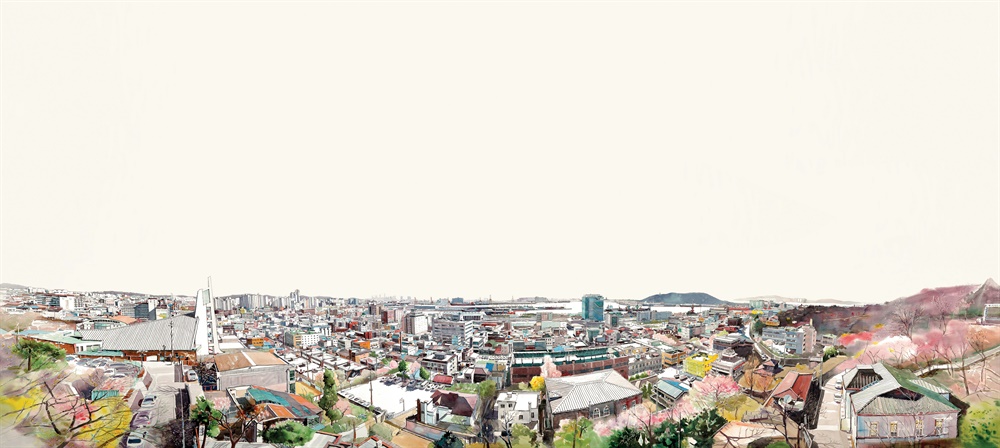 인천만개(仁川滿開) 488×112(cm) 2013. 자유공원 남쪽 기슭에 서면, 시간이 고인 집들과 인천 앞바다부터 멀리 섬들이 펼쳐진다.