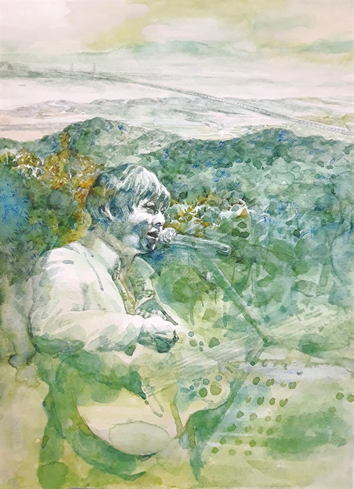  노래하는 가수와 백운산 종이 위에 수채화, 펜(21x29cm, 2021). 이 봄, '생각의 산' 백운산 기슭에서 백영규의 무대가 열린다.