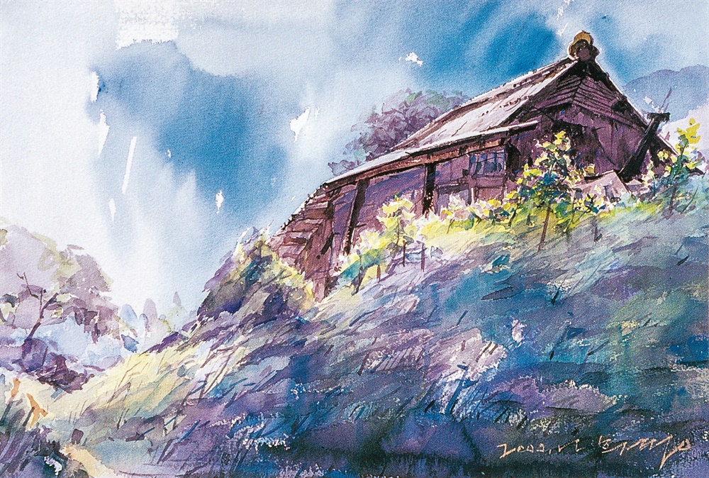  언덕 위의 집 53x33.3cm Watercolor on paper(2000년). 남동구 개발제한구역은 순도 100%의 자연을 품고 있다. 흙길을 따라 조금만 들어가면, 언덕 위 낮은 집 그리운 고향 풍경이 펼쳐진다.