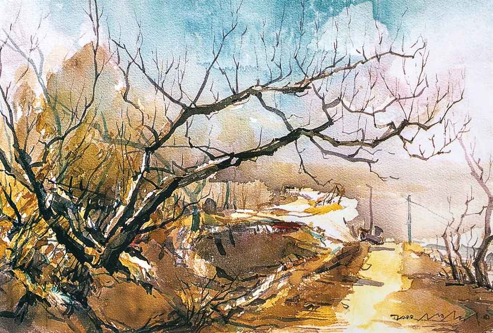  봄의 소리  55.2x35.5cm Watercolor on paper(2000년). 봄 햇살이 겨울의 빗장을 연, 남촌도림동의 배 농장 풍경. 사월이면 순백색 꽃눈이 흩날리고, 가을이면 열매가 주렁주렁 열릴 것이다.