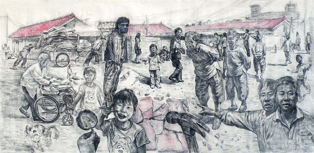 숙골로 사람들(2008, charcoal on canvas, 335×163cm) 제물포역 뒷동네 ‘물이 많은 골짜기’ 숙골로, 도화동. 때론 고단한 삶에도, 재개발의 거센 바람 속에서도 흔들리지 않고 오늘을 살아가는 사람들이 있다.