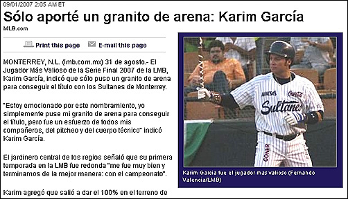  카림 가르시아의 파이널 리그 MVP 선정 소식을 전하는 멕시칸리그 공식 사이트(web.minorleaguebaseball.com)의 기사. /사진 설명:  카림은 멕시칸리그에 처음 뛰면서도 우승을 위해 악착 같은 모습을 보여 갈채를 받았다.