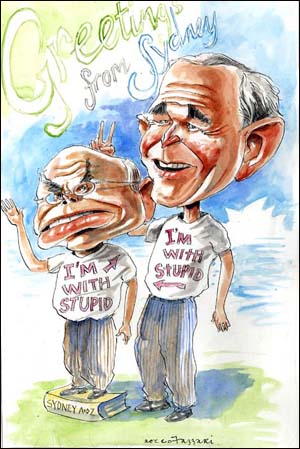 '난 바보랑 같이 있어요.' 부시 미국 대통령과 하워드 호주 총리를 풍자한 <시드니모닝헤럴드> 만평.