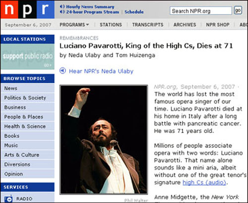 '하이 C의 제왕 루치아노 파바로티, 71세로 타계하다.' 9월 6일 NPR 사이트 초기화면.