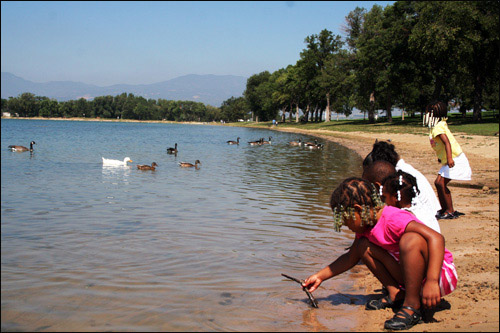 콜로라도 스프링스 올림픽 공원 호수에서 노는 아이들.