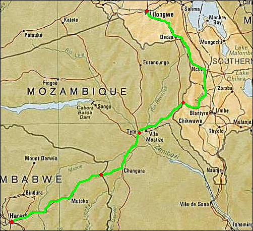 말라위 릴롱궤에서 모잠비크 테테를 지나 짐바브웨 하라레까지의 여행코스