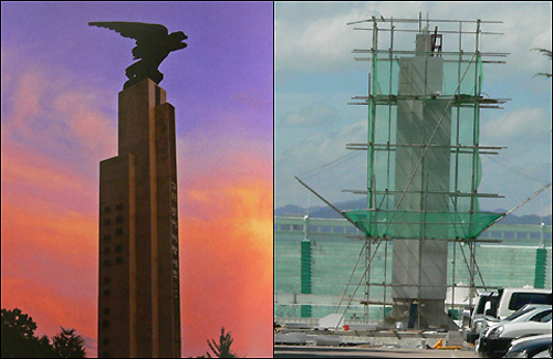 한남대가 발간한 개교 50주년기념 사진집에 실린 상징탑 모습(왼쪽)과 현재 철거되어 운동장 근처에 복원중인 상징탑 공사 현장(오른쪽)