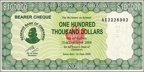 2006년 12월 31일까지 6개월 시한인 짐바브웨의 10만원짜리 고액지폐