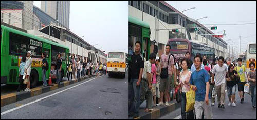 (왼쪽) '짱박기 노선'을 피해 3·4차선(총 6차선)에 정차하는 버스에 승차하고자 좁은 경계석에서 기다리는 시민들. 당시 인도 옆 6차선엔 버스 5대가 '짱박기'하고 있었다. / (오른쪽) 4차선에 있는 마을버스(연두색 차량) 뒤편에 의정부 방면의 1-1번 시내버스가 오자 시민들이 뛰어가고 있다. 