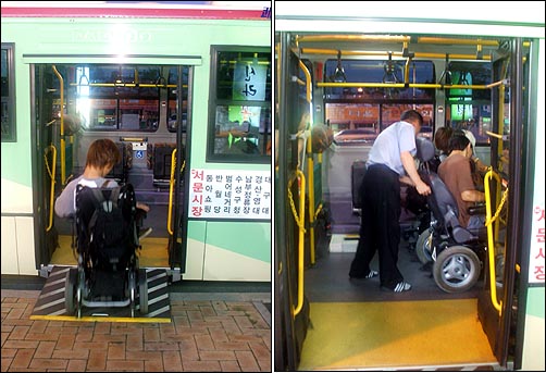 최근 지체장애인들이 이용하는 휠체어는 대부분 전동휠체어로 이동이 편리한 대신 성인남성 2인이 들기에도 힘들 정도로 무겁다. 이 때문에 인도에 슬로프를 내려 안전하게 버스에 진입하도록 하는 것이 더욱 중요하지만, 현재 도로상황에서는 인도에 슬로프를 내리는 것조차 쉽지 않다.