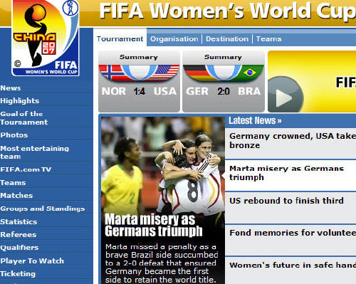  독일의 2연패 소식이 실린 여자월드컵 공식 누리집(www.fifa.com/womenworldcup) 첫 화면