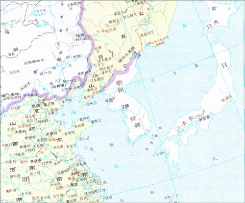 <지도2>. 1582년 현재의 동아시아 지도. 지도상에 표시된 나라는 조선, 명나라, 몽골, 일본이다. 