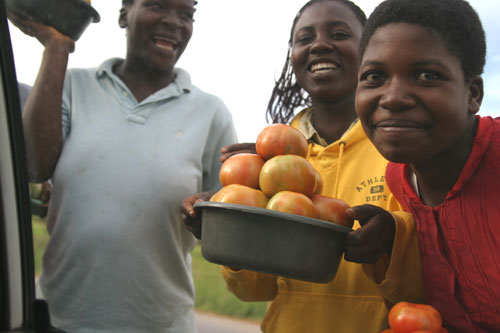 거리에서 과일을 파는 짐바브웨 행상들의 밝은 미소