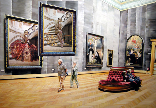 '화가의 옷(The Costume of Painter)' 미술관 연작. 앵그르(Ingres)의 붉은 드레스(Red dress)  캔버스에 유화 렌티큘러(Lenticular) 194×259cm 2007. 왼쪽 프레임은 각도에 따라 다르게 보이는 것을 나란히 놓은 것임.
