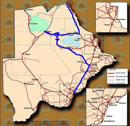 나의 보츠와나 배낭여행 코스(파란색. 동남부를 중심으로 도시가 형성)